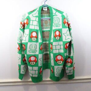 Nintendo Super Mario Bros. Mushroom Checkered Women's Button Cardigan L  Green